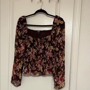 Express Burgundy Floral Smocked Square-Neck Blouse with Puffy Sleeves